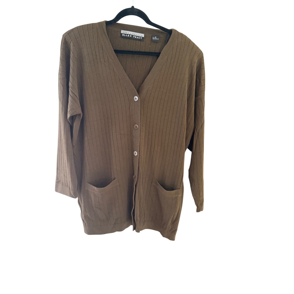 Vintage 00s Ellen Tracy Wool Ribbed Cardigan Brown V-Neck Pocket Sweater 1X